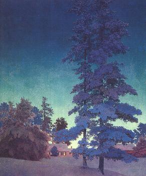 Maxfield Parrish : Winter Night Landscape Two Tall Pines